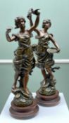 PAIR OF SPELTER FIGURES After E.C.H Guillemin, titled 'Le Message' and 'Source Fleurie', one holding