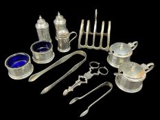 ASSORTED SILVER comprising various silver cruets, silver four section toast rack, silver scissor