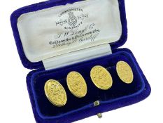 PAIR OF 18CT GOLD OVAL CUFFLINKS, scroll and foliate engraved, 11.4gms, in J. W. Long & Co Cardiff