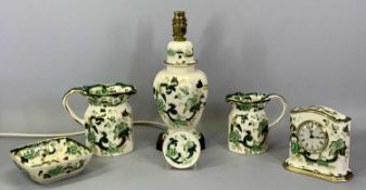 MASONS CHARTREUSE - two graduated jugs, 14cms the tallest, mantel clock, 13cms, table lamp, 26cms