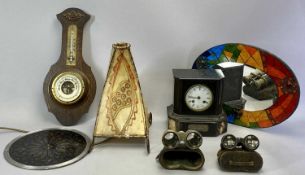 UNUSUAL SKIN COVERED TABLE LAMP on scrolled metal frame, 34cms H, oak cased aneroid barometer with