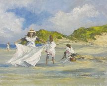 M W CRAWSHAW '96, mixed media - children on beach, signed and dated lower right, 39 x 49cms