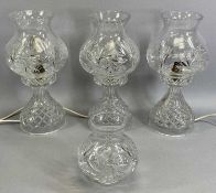 GOOD QUALITY CUT GLASS TABLE LAMPS - a set of three with removable shades, 32cms H with a matching