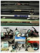 BEACHCASTER FISHING RODS (2) - a boat rod and one other, five spinning reels including Shakespeare