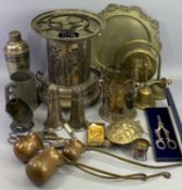 PLATED TWO-HANDLED TABLETOP BURNER, 30cms H, a cocktail shaker, plated bottle coaster and other