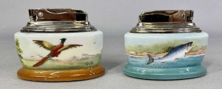 MINTONS/RONSON TABLE LIGHTER with hand painted detail of leaping salmon, signed 'A Holland' and