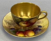 ROYAL WORCESTER CUP & SAUCER - hand painted with apples and blackberries and with gilt highlights,