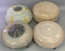 ART DECO DESIGN PINK MARBLED GLASS HANGING LIGHTSHADES (3) - 32cms diameter and an Art Deco design