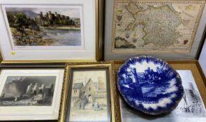 ANTIQUE FRAMED PRINTS OF CONWAY (9), antique colour tinted map of North Wales, A NETHERWOOD RCA