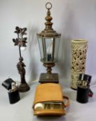 A RETRO WOODEN LANTERN STYLE TABLE LAMP with glass panels, 76cms H, a retro Studio Pottery table