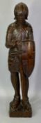 CARVED WOOD FIGURE OF A KNIGHT PRAYING - holding sword and shield, 19th century or earlier, 60cms H
