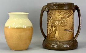 A BRETBY TWO HANDLED VASE - of naturalistic form, the body moulded with oriental figures,