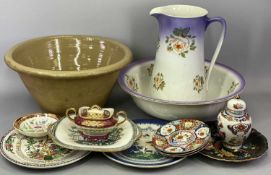 EARTHENWARE CIRCULAR POT with glazed interior, 21cms H, 41cms diameter, a jug and bowl set, transfer