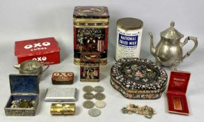 COLLECTABLES - to include vintage tins, OXO, ETC, plated coffee pot and milk jug, commemorative