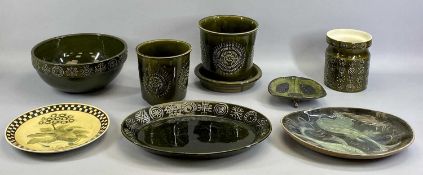 ARTHUR WOOD MEDALLION POTTERY - green glazed jardinieres (2), 18cms H the tallest, a similar