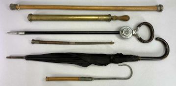 A MALACCA WALKING STICK with scroll embossed silver knob, 90cms, vintage shooting stick, angler's