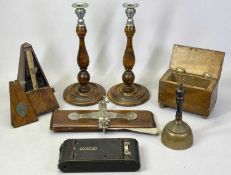 TURNED OAK CANDLESTICKS, A PAIR with plated mounts, 31cms H, a French metronome in mahogany case,