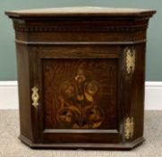 SMALL ANTIQUE OAK SINGLE DOOR CORNER CABINET - having fancy brass hinges and escutcheon with mixed