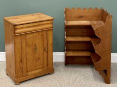 VINTAGE PINE CORNER BOOKCASE - 100cms H, 63cms W, 63cms D and a SMALL PINE CUPBOARD - with single