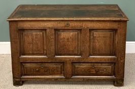 ANTIQUE OAK MUEL CHEST - with interior candle box and secret drawer compartment, peg joined