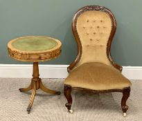 VICTORIAN MAHOGANY LADY'S SPOONBACK CHAIR - on scrolled supports and castors, 90cms H, 60cms W,