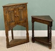 POLISHED OAK FLOORSTANDING CORNER CUPBOARD - with two carved doors and lower shelf, 99cms H, 66cms