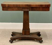 REGENCY ROSEWOOD FOLDOVER CARD TABLE - on a stepped square column and quatrefoil base, baize lined