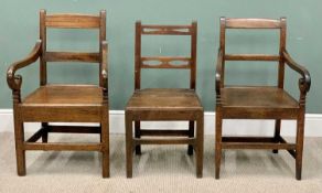 CIRCA 1830 OAK FARMHOUSE CHAIRS (3) - including two armchairs and one open seat example