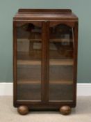 PLUS LOT 39 - POLISHED OAK TWO DOOR BOOKCASE CUPBOARD - on bun feet, 114cms H, 69cms W, 29cms D