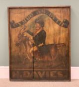 VINTAGE PAINTED TAVERN TYPE SIGN - depicting a well-dressed gentleman riding a goat, having a ribbon
