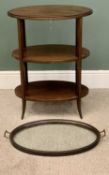 CIRCA 1920 THREE TIER MAHOGANY STAND WITH LIFT OFF TRAY TOP, the glass bottomed tray with brass