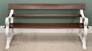GARDEN BENCH - shaped painted cast iron ends and wooden slats, 74cms H, 157cms W, 69cms D