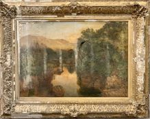 LARGE OIL ON CANVAS in antique gilt frame - lakeside scene with trees and mountains to the