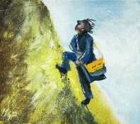 ‡ MICHAEL GUSTAVIUS PAYNE oil on panel attached to pine block - figure with shoulderbag walking up