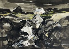 ‡ DONALD McINTYRE mixed media - whitewashed cottage amongst rocks, 'Cottage and Rocks', signed in