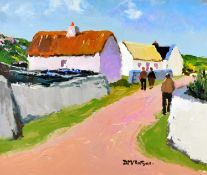 ‡ DONALD McINTYRE acrylic - figures in lane with cottages, entitled verso 'Village Street with