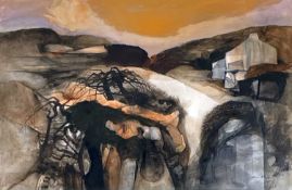 ‡ JOHN ELWYN mixed media - roadway with whitewashed cottage and distant mountains, signedDimensions: