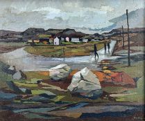 ‡ JOHN ELWYN oil on canvas - figures walking on roadway with village beyond, entitled verso on