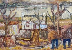 ‡ KAREL LEK oil on board - two figures with cottage beyond entitled verso 'Llangoed',