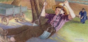‡ KEITH BOWEN pastel - Amish child on a swing, with figure beyond, signedDimensions: 38 x