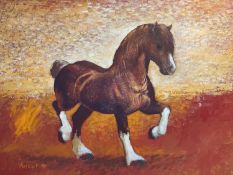 ‡ ANEURIN JONES large oil on board - prancing Welsh cobb in orange background, signedDimensions: