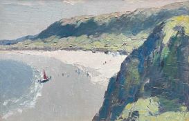 ‡ GYRTH RUSSELL oil on board - Gower beach scene, entitled verso on Albany Gallery label 'Rhossili