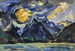 ‡ SIR KYFFIN WILLIAMS RA watercolour - Patagonian Andes mountains above lake at sunset, signed