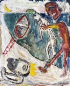 ‡ IWAN BALA oil on canvas - semi-abstract figures with boat and ladder, entitled verso 'Rheibwyr