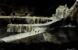 ‡ JOHN KNAPP-FISHER oil on card - harbour wall, building and figures fishing, signed and dated