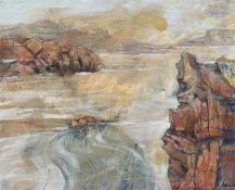 ‡ RONALD LOWE oil on canvas - low sunset over estuary, entitled verso 'Luminous Low Tide,