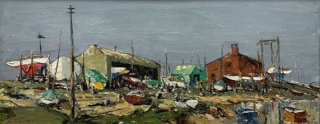 ‡ CHARLES WYATT WARREN oil on board - entitled verso 'Pwllheli Boat Yard', signedDimensions: 37 x