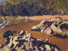 CHRISTOPHER WILLIAMS oil on canvas - beach and rocks, entitled verso 'Llangrannog', dated