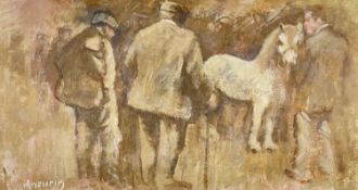 ‡ ANEURIN JONES oil on card - 'Sel Geffylau Llanybydder (Llanybydder Horse Sale)', signedDimensions: