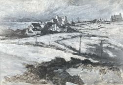 ‡ HUW JONES mixed media - hillside village with church, signedDimensions: 40 x 58cmsProvenance: